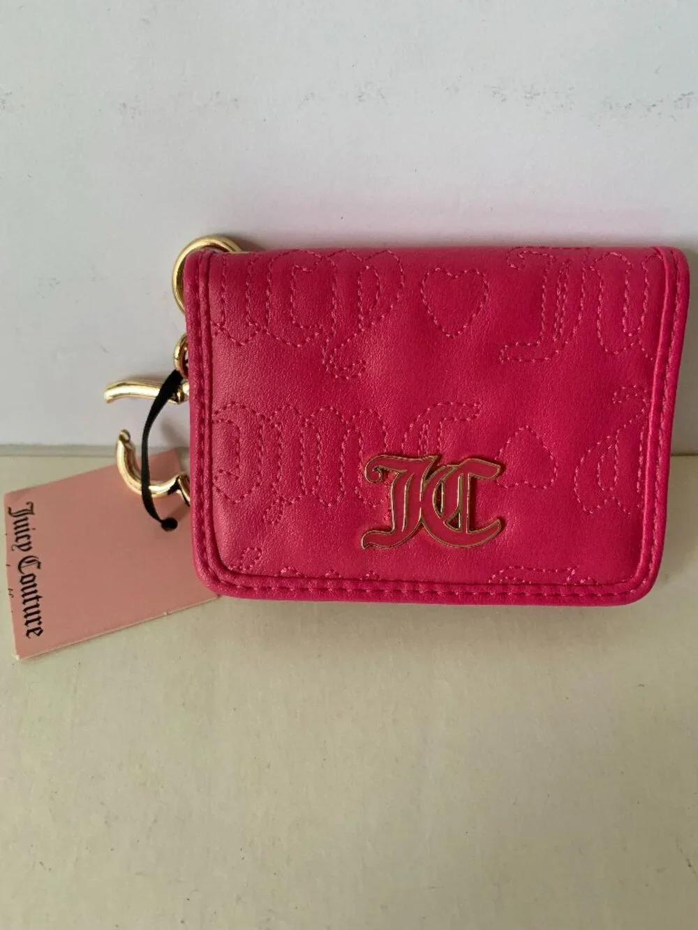 NEW Juicy Couture Pink Bifold Wallet JC Logo Heart Charm